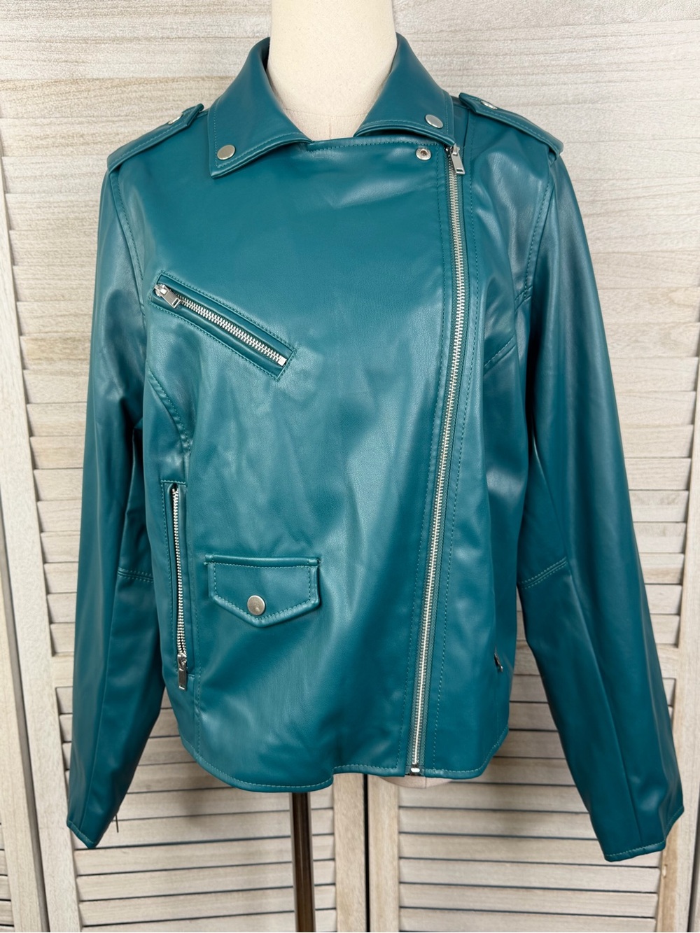 NINE WEST Women's Vegan Leather Biker/ Motorcycle Jacket Teal-0X - Picture 2 of 3